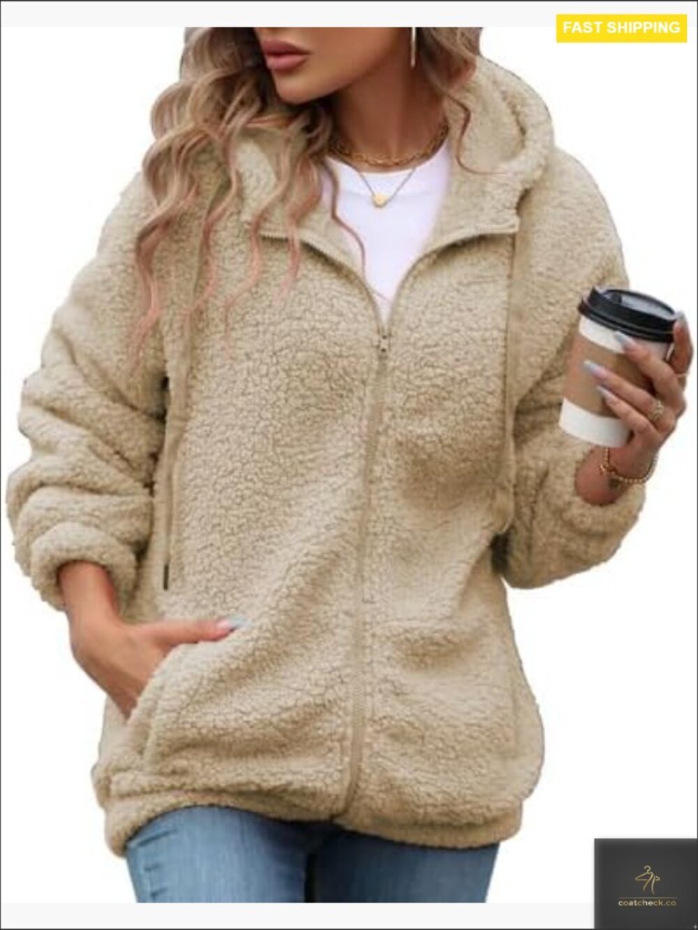 Fleece Jacket Full Zip Sherpa Coat with Hood Oversized Warm Winter